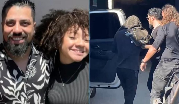 Montagem com duas fotos, na primeira o suspeito ao lado da vítima e na segunda o momento da prisão do suspeito