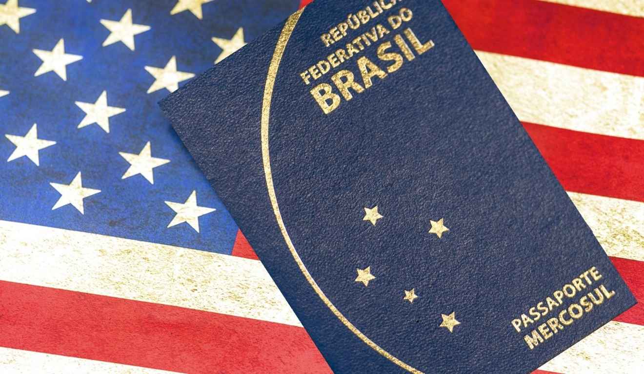 passaporte brasileiro e bandeira dos estados unidos