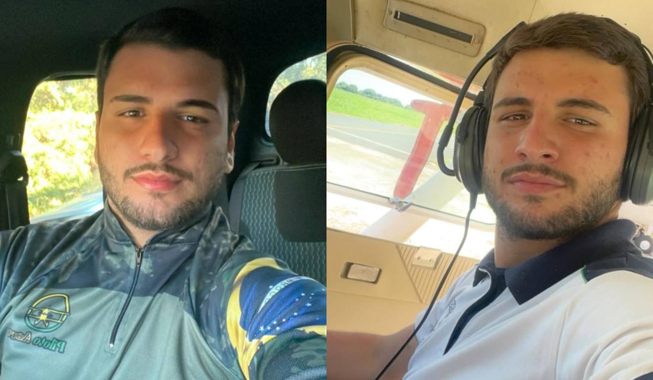 Montagem com duas fotos de Felipe Coiado, vítima de acidente aéreo; em uma das fotos o rapaz está em um avião