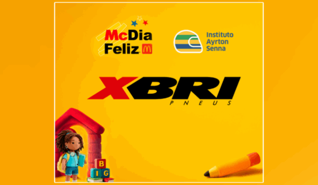 banner de divulgação da campanha mcdia feliz 2025, com apoio da XBRI Pneus e Instituto Ayrton Senna