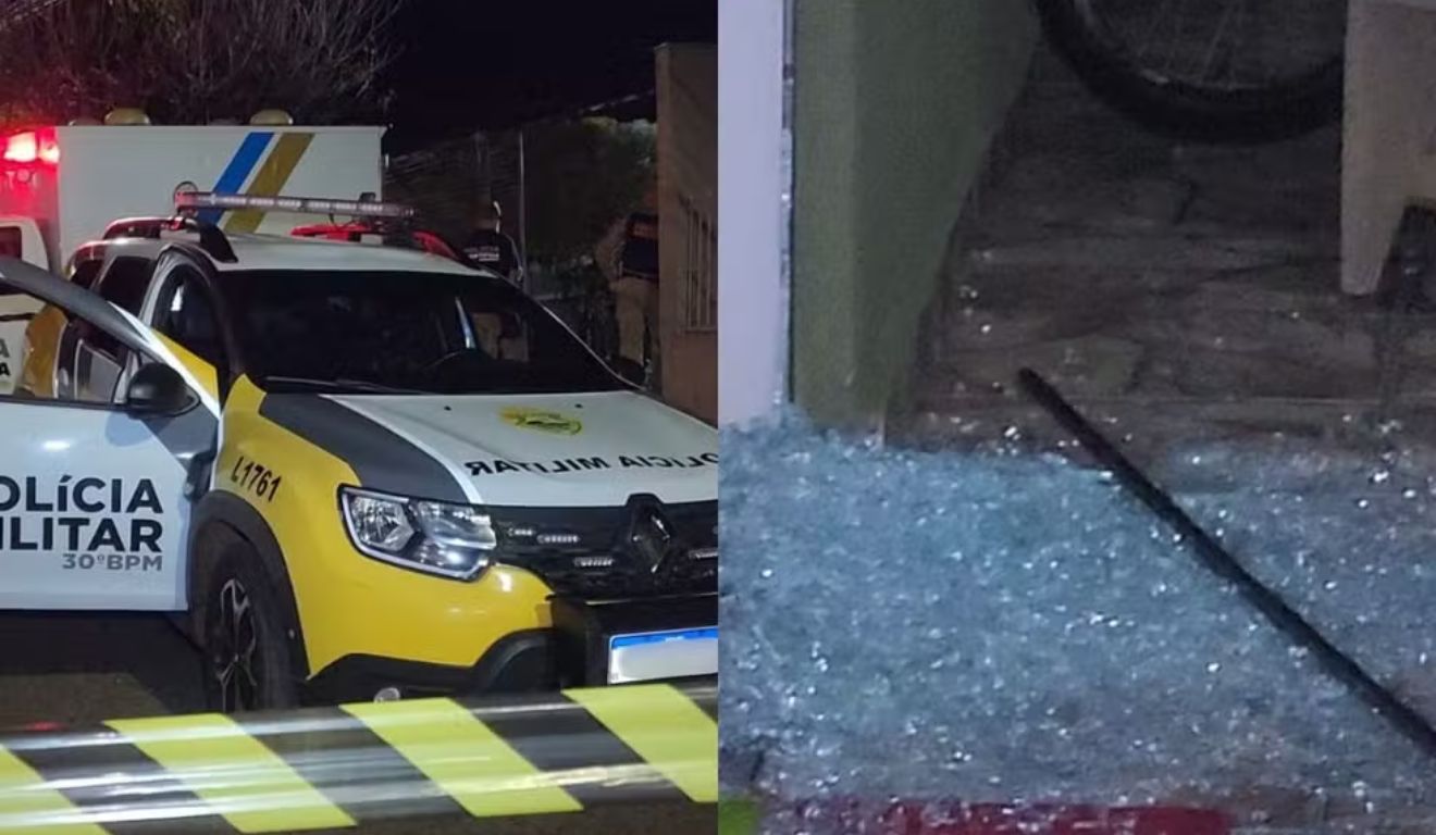 Viatura da Polícia Militar e janela quebrada; local do crime em que homem morreu baleado enquanto ligava à PM