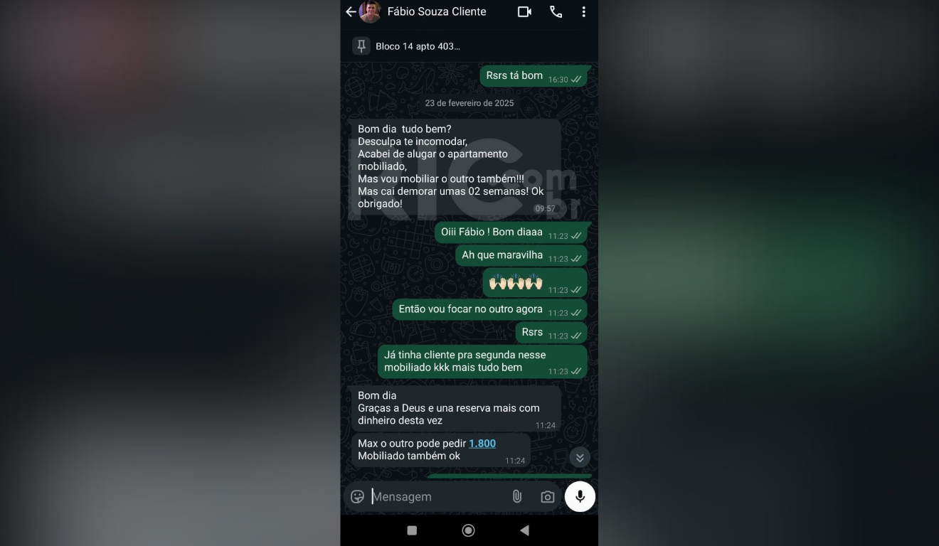 Mensagem de Fábio confirmando locação do imóvel 