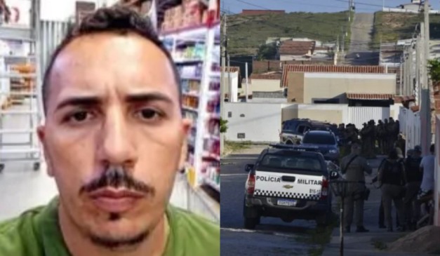 Pica Pau e equipe policial em frente à casa que ocorreu a ação.