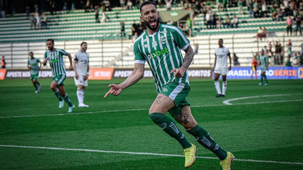 Rodrigo Rodrigues, novo reforço do Coritiba, comemora gol pelo Juventude