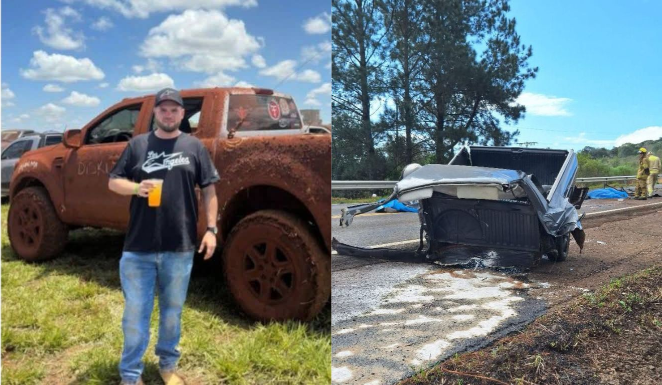 Imagem de Lucas e do veículo após o acidente.