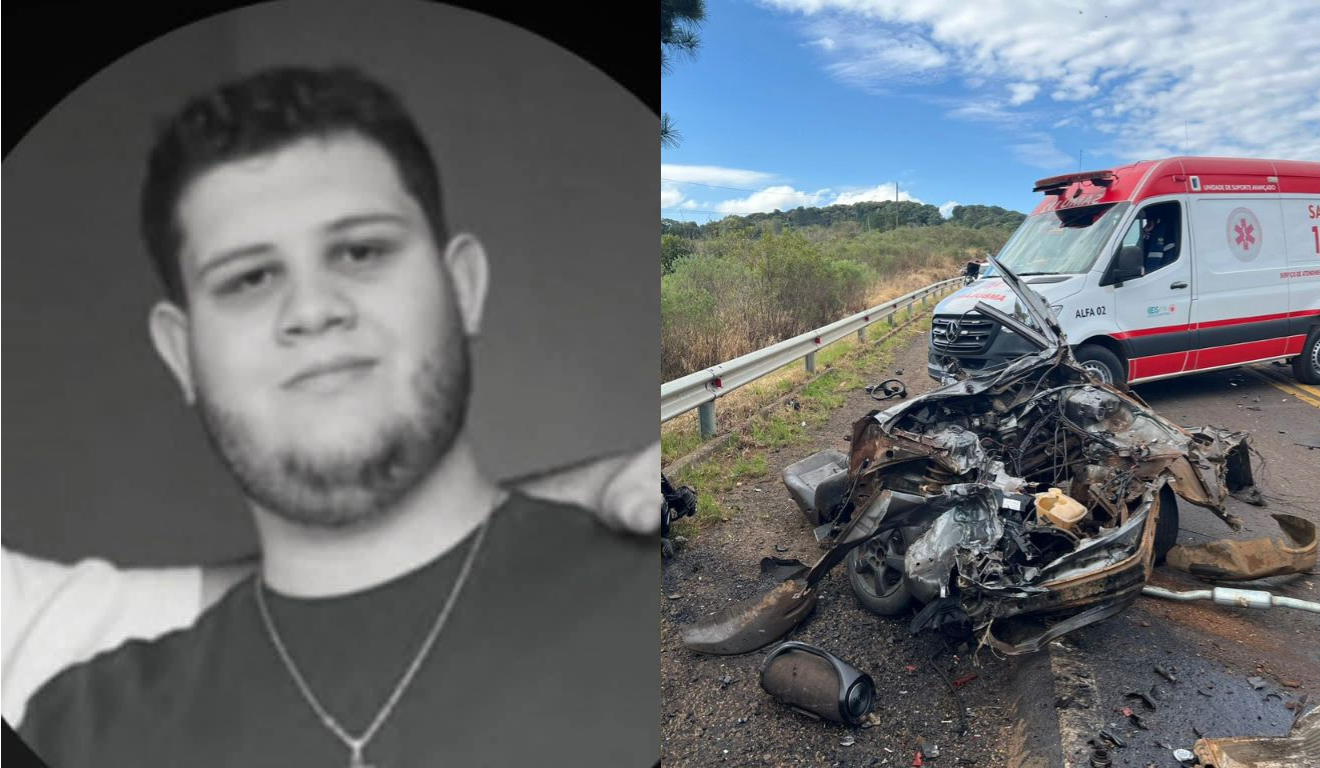 Imagem de Lucas e do veículo após o acidente.