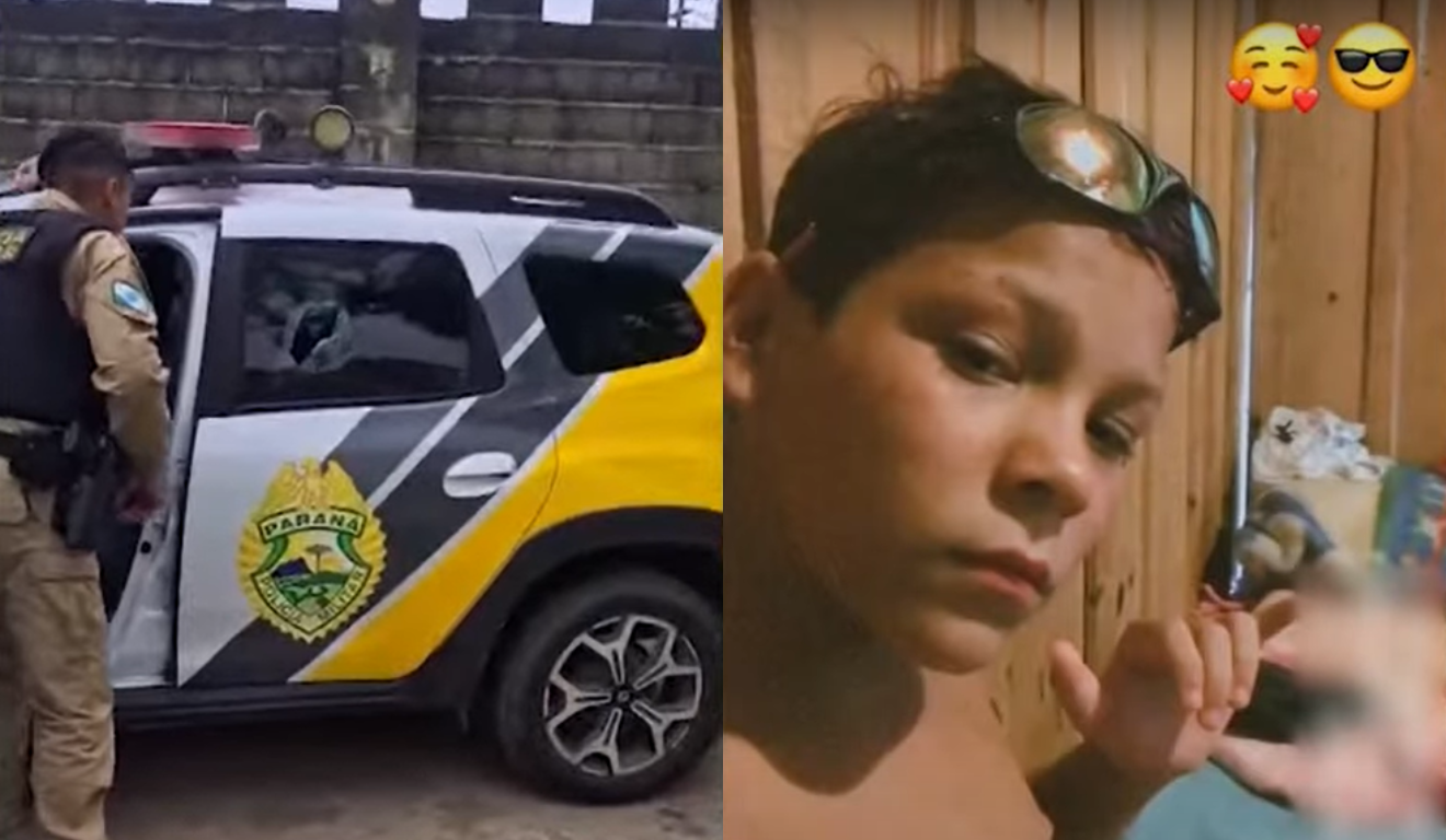 Um adolescente foi morto após confronto com a PM no Paraná. Na imagem, à esquerda, vemos a viatura da PM com o vidro da porta traseira esquerda quebrada pela janela atirada pelo garoto. À direita, vemos uma foto posada do suspeito, com um óculos de sol sobre a cabeça.