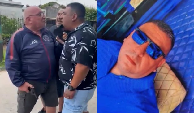 Colagem homens discutindo e homem assassinado.