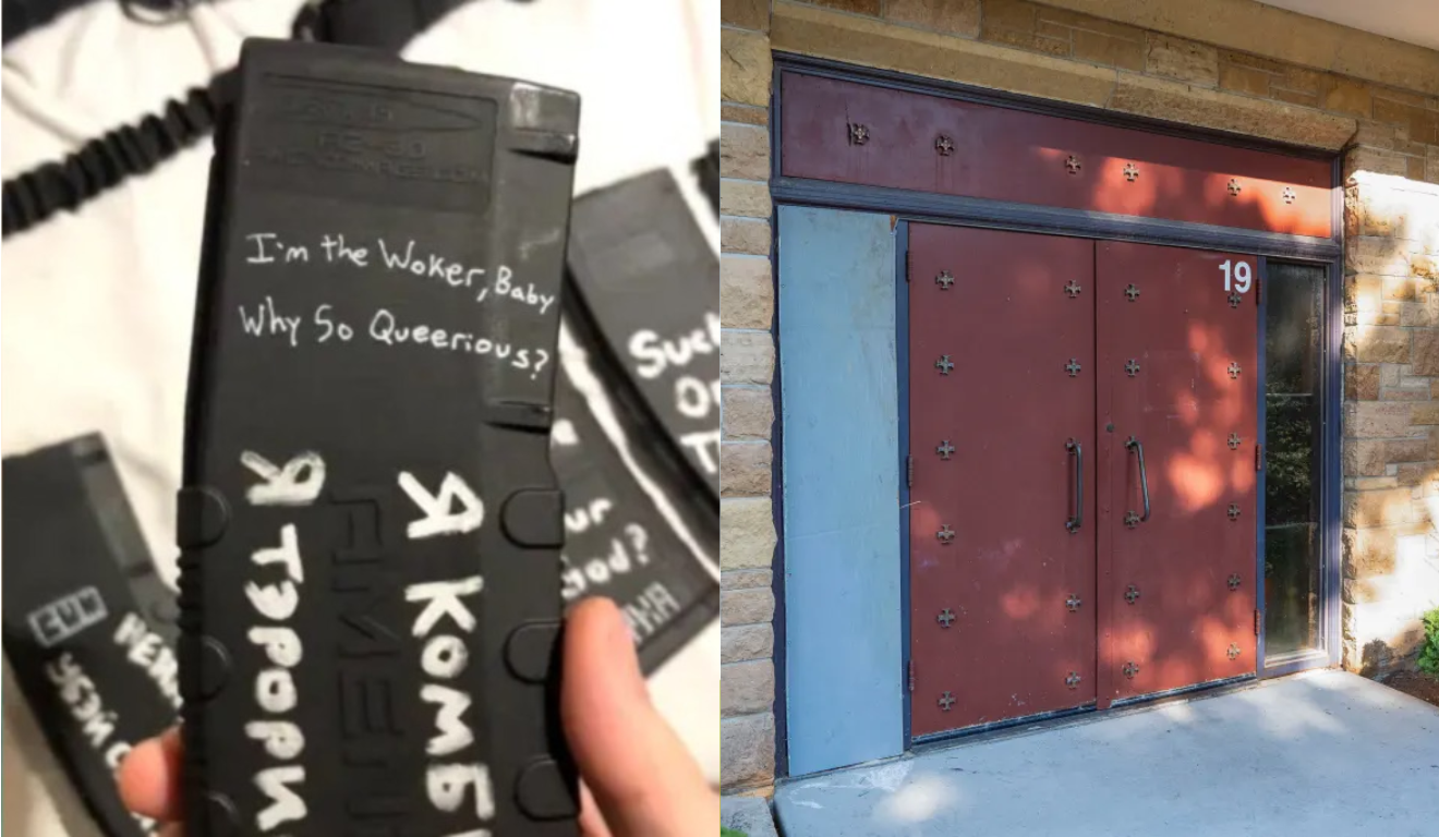 Imagem da porta da igreja e das balas utilizadas.