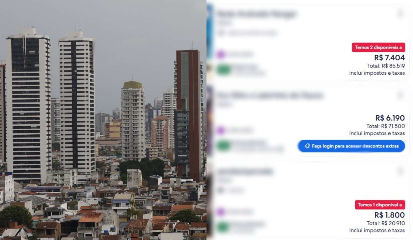 Foto da cidade de Belém ao lado de print de preços de acomodações