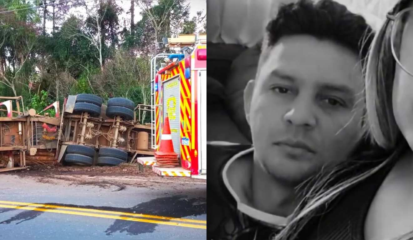 Montagem com foto do acidente e do caminhoneiro