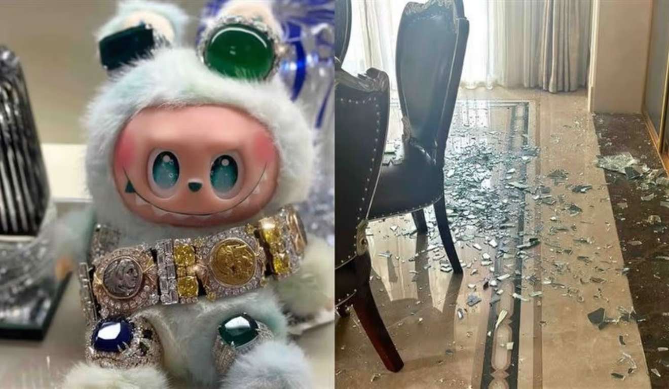 labubu ao lado de lustre destruído