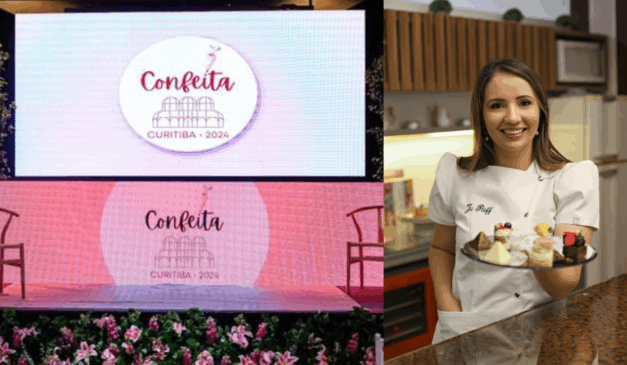 telões com a logo da Confeita Curitiba e Juliana Paiff, idealizadora do Confeita Curitiba, com bolo na mão