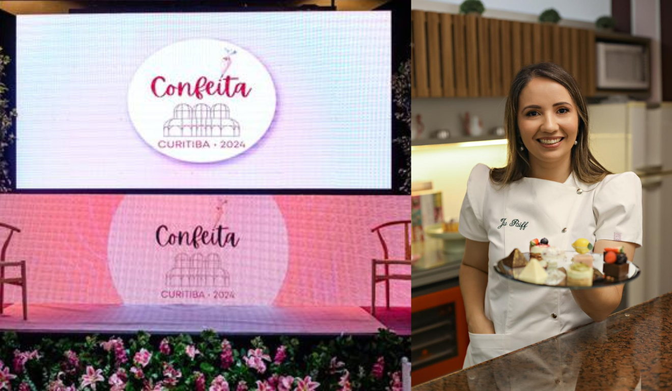 telões com a logo da Confeita Curitiba e Juliana Paiff, idealizadora do Confeita Curitiba