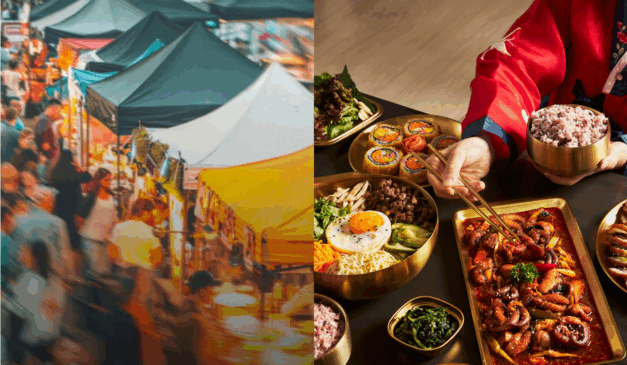 Imagem ilustrativa de uma feira e de pratos coreanos.