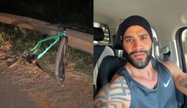 Bicicleta que o funcionário de Gusttavo Lima que morreu usava no acidente e o cantor ao lado