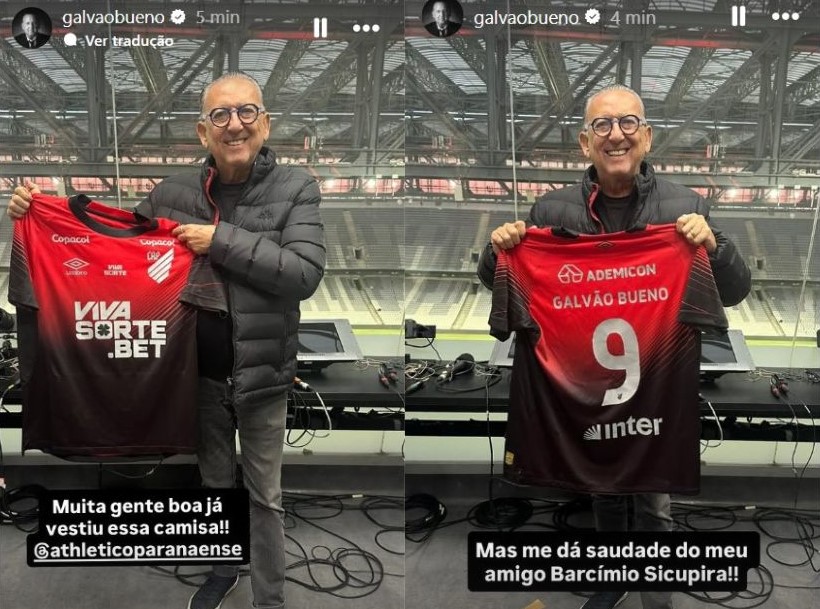 Stories do narrador Galvão Bueno no Instagram em visita a Arena da Baixada
