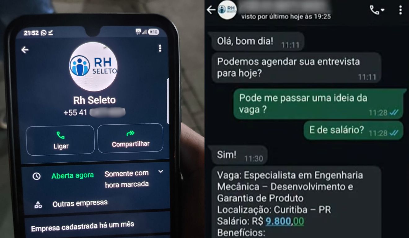 mensagens que os suspeitos mandavam para as vítimas do golpe da falsa vaga de emprego em curitiba