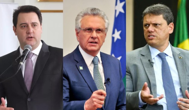 Montagem com três fotos de Ratinho Jr, Ronaldo Caiado e Tarcísio de Freitas