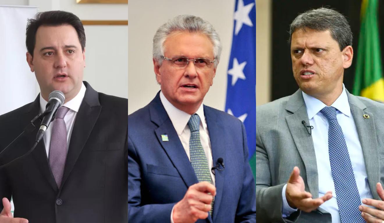 Montagem com três fotos de Ratinho Jr, Ronaldo Caiado e Tarcísio de Freitas