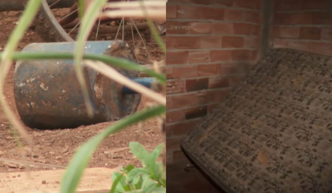 Colagem do objeto que foi utilizado para matar a jovem e quarto do casal.