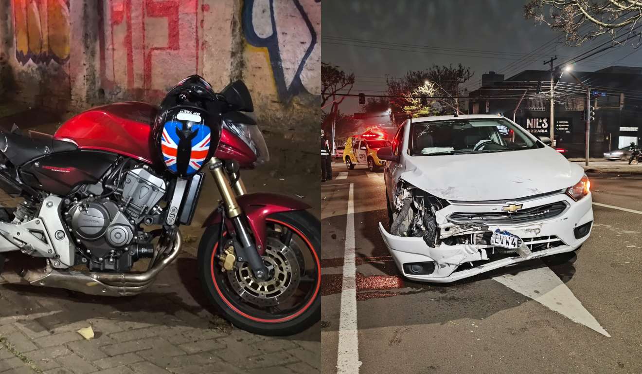 Moto em que homem conduzia quando morreu em acidente e carro envolvido ao lado