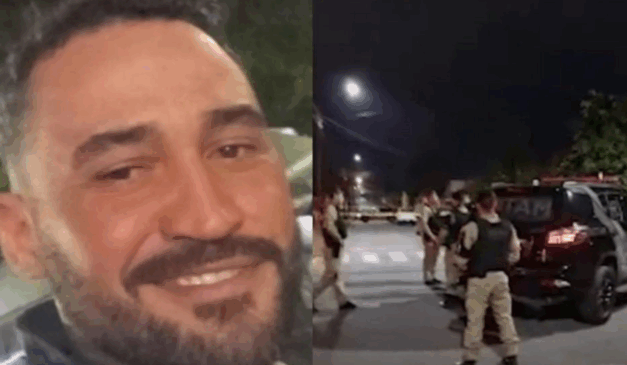 Imagem apresenta foto de Júlio Martins, homem que foi morto em ligação com a esposa. Júlio é homem branco, com barba e cabelo preto. A imagem está dividida ao meio. À esquerda, a foto de Júlio sorrindo. À direita, policiais da ROTAM no local do crime.