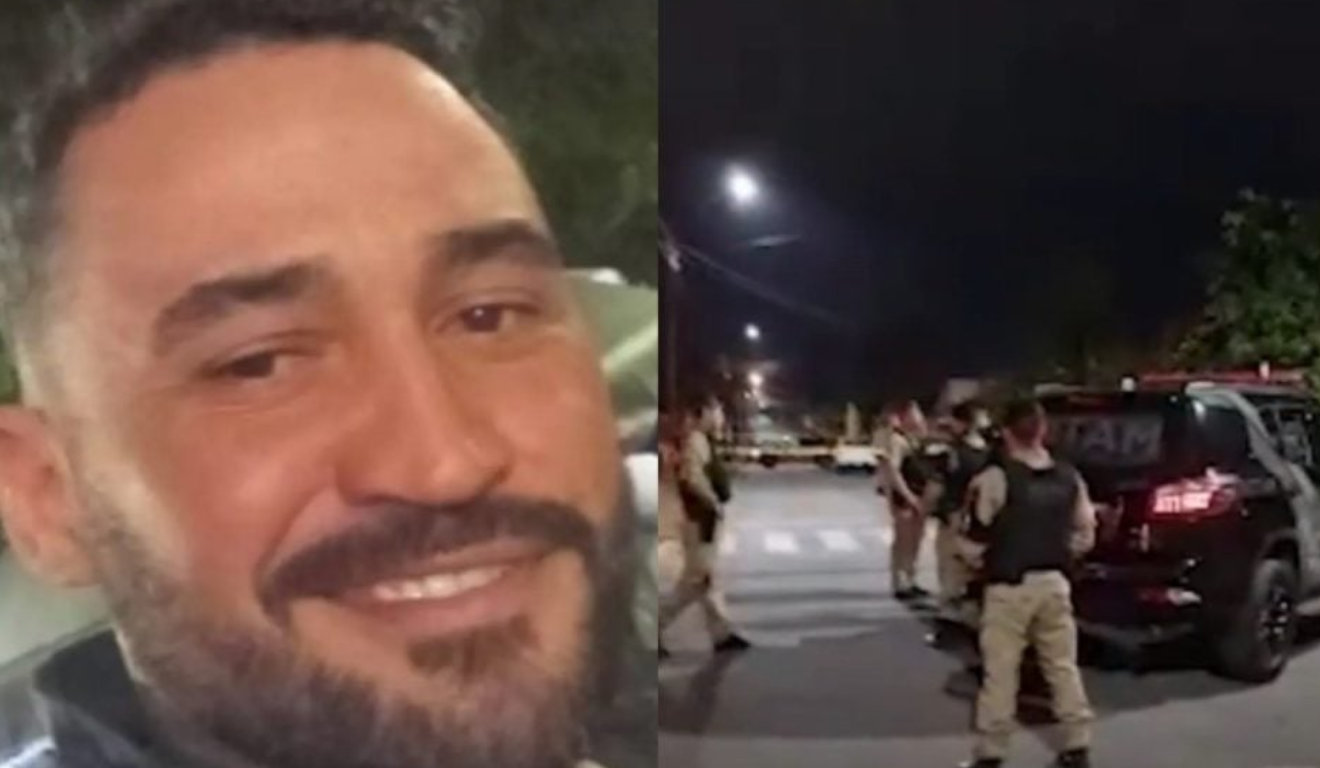 Imagem apresenta foto de Júlio Martins, homem que foi morto em ligação com a esposa. Júlio é homem branco, com barba e cabelo preto. A imagem está dividida ao meio. À esquerda, a foto de Júlio sorrindo. À direita, policiais da ROTAM no local do crime.