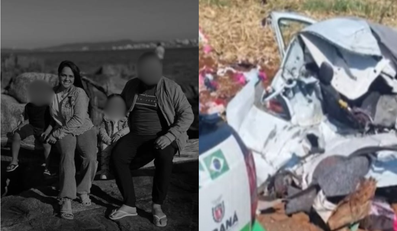 Imagem da vítima junto com o marido e filhos.