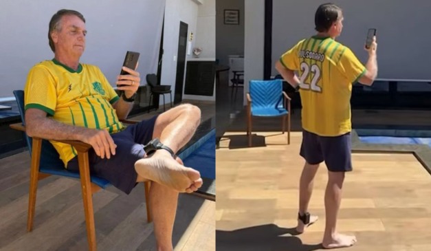 Jair Bolsonaro em casa, usando tornozeleira eletrônica