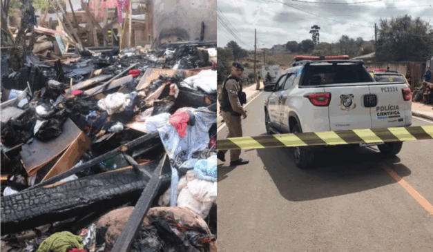 Imagem do incêndio da casa e da polícia no local.