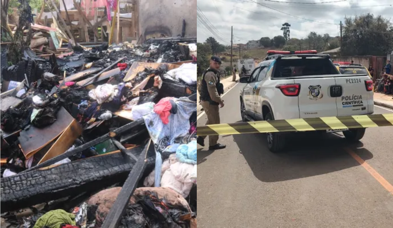 Imagem do incêndio da casa e da polícia no local.