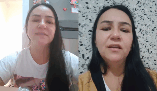 Vemos a mãe da menina que foi ameaçada pela madrasta de ser jogada pela janela. Luciana é uma mulher branca, de cabelo preto liso. À esquerda, ela usa uma camiseta branca. À direita, uma blusa amarela.