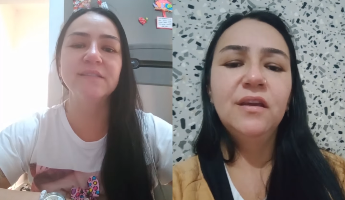 Vemos a mãe da menina que foi ameaçada pela madrasta de ser jogada pela janela. Luciana é uma mulher branca, de cabelo preto liso. À esquerda, ela usa uma camiseta branca. À direita, uma blusa amarela.