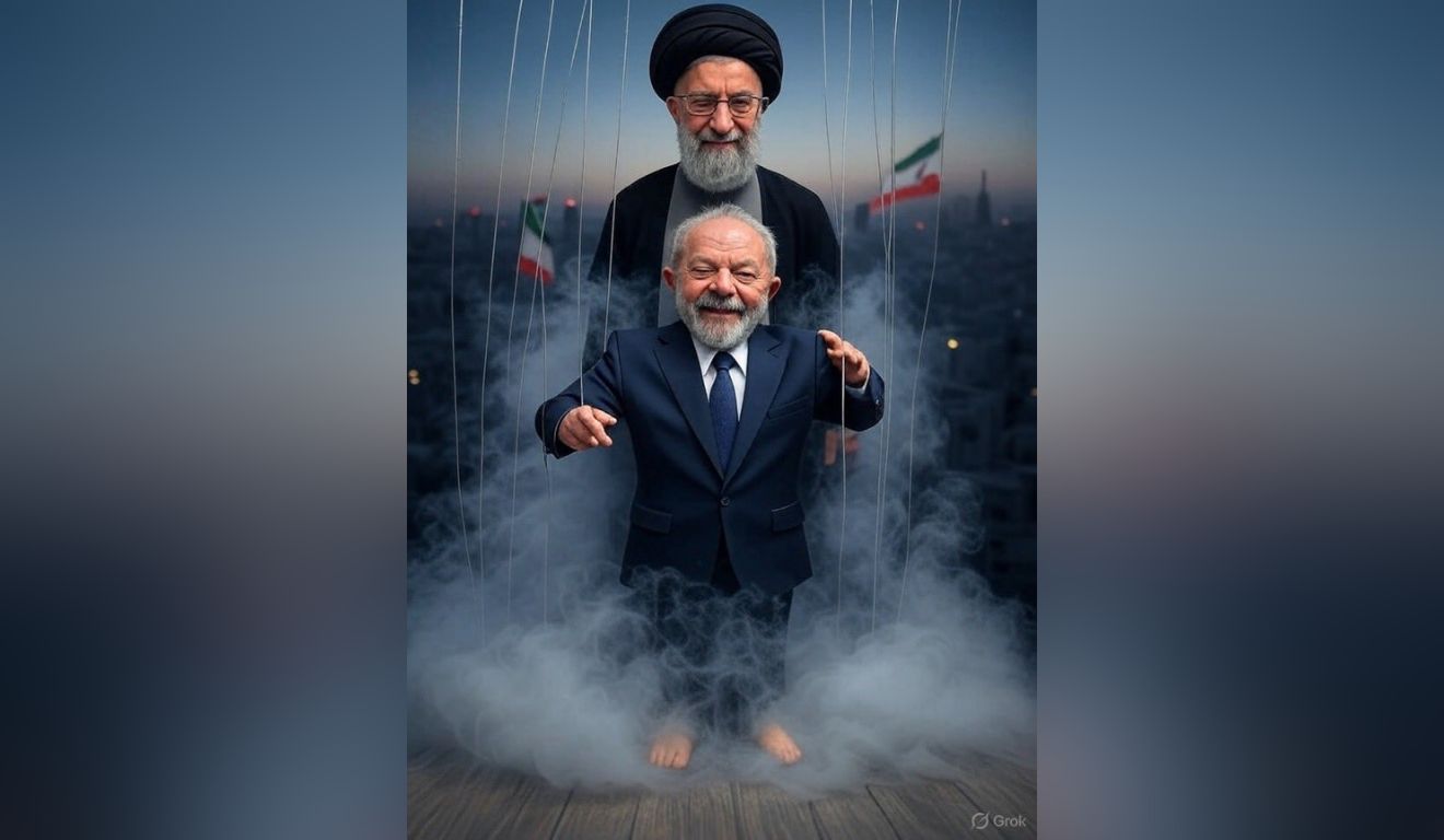 Imagem gerada por IA com aiatolá Ali Khamenei em cima de Lula