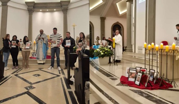 Montagem com duas fotos da Missa de Sétimo Dia das vítimas da explosão da Enaex