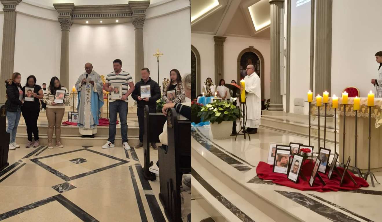 Montagem com duas fotos da Missa de Sétimo Dia das vítimas da explosão da Enaex