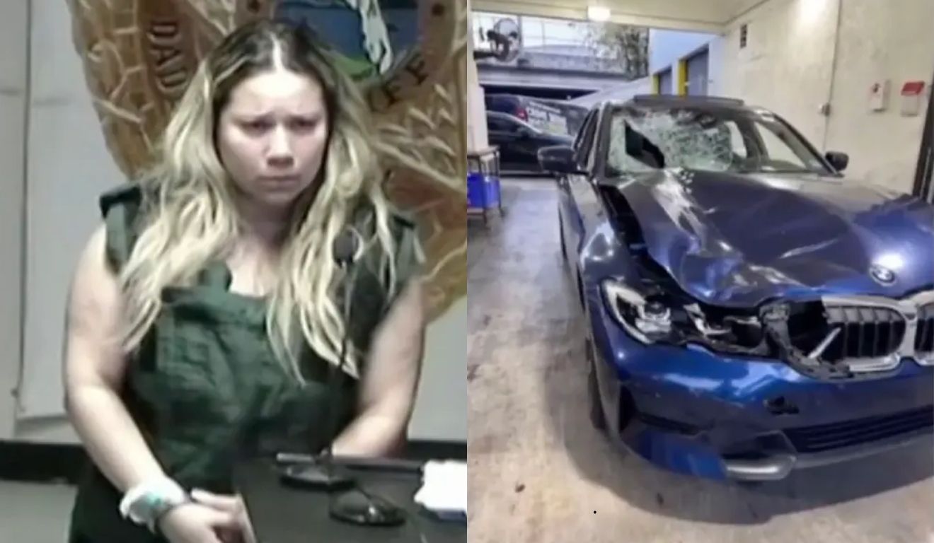 motorista bêbada ao lado da bmw destruida