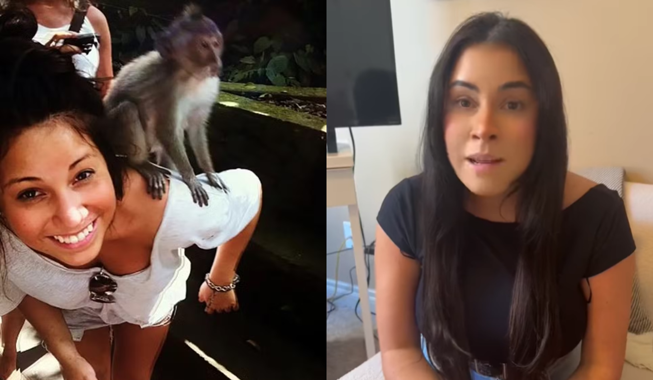 À esquerda, uma foto de Ashley durante sua viagem à Bali. Ela é uma mulher branca, de cabelo preto. Usa uma camiseta branca e tem um macaco em seu ombro. À direita, Ashley em um vídeo recente em que ela conta a história do que aconteceu com ela. No vídeo, ela está com uma camiseta preta.