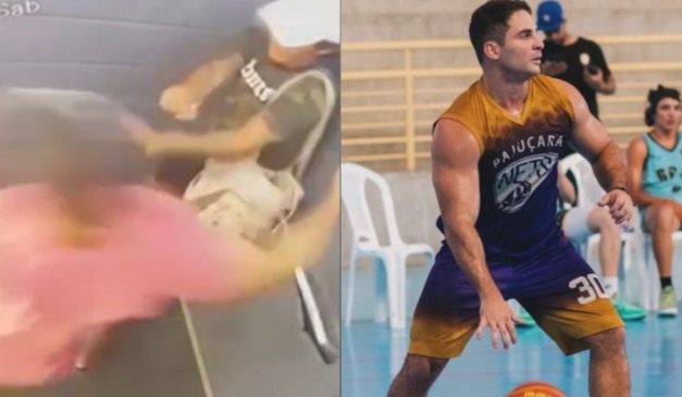 Frame de mulher sendo agredida ao lado de foto de suspeito