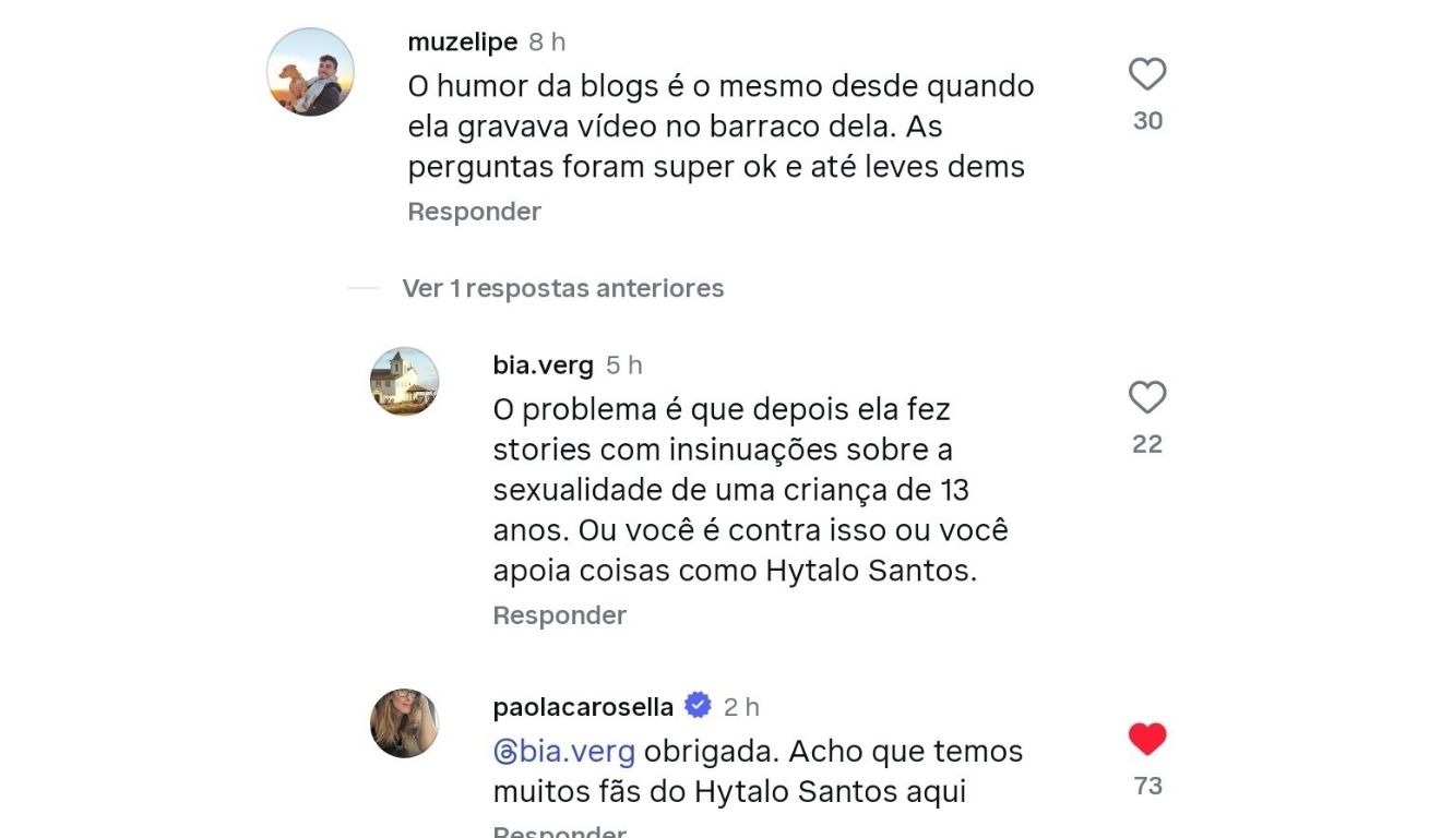 Paola Carosella comenta sobre Blogueirinha