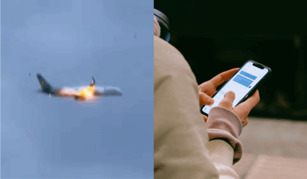 Imagem do avião pegando fogo. Imagem ilustrativa de uma pessoa mandando mensagem.