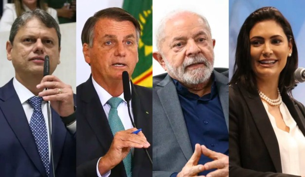 Montagem com fotos de Tarcísio de Freitas, Jair Bolsonaro, Lula e Michelle Bolsonaro