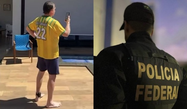 Montagem com foto de Jair Bolsonaro em casa e de um agente da Polícia Federal