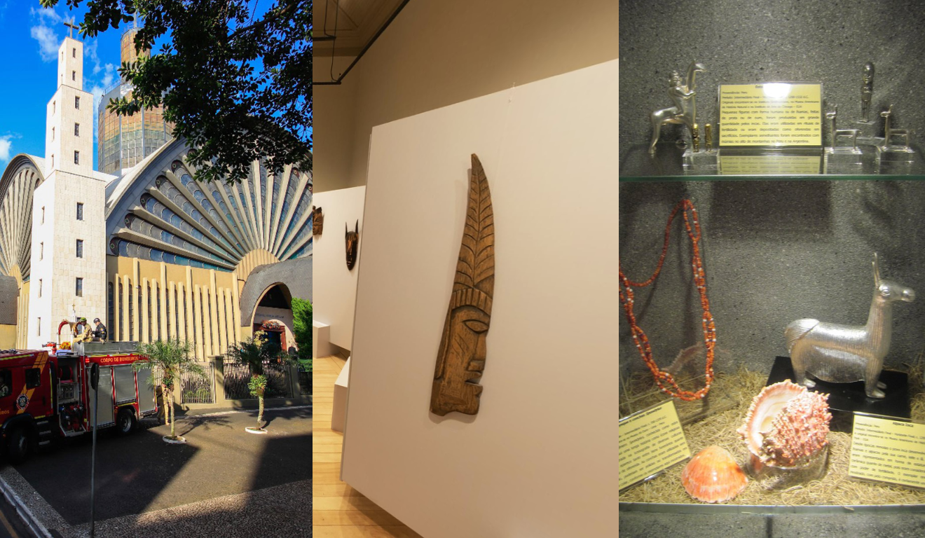 Imagem da Catedral Diocesana, do Museu Campos Gerais e do Museu de Arqueologia.