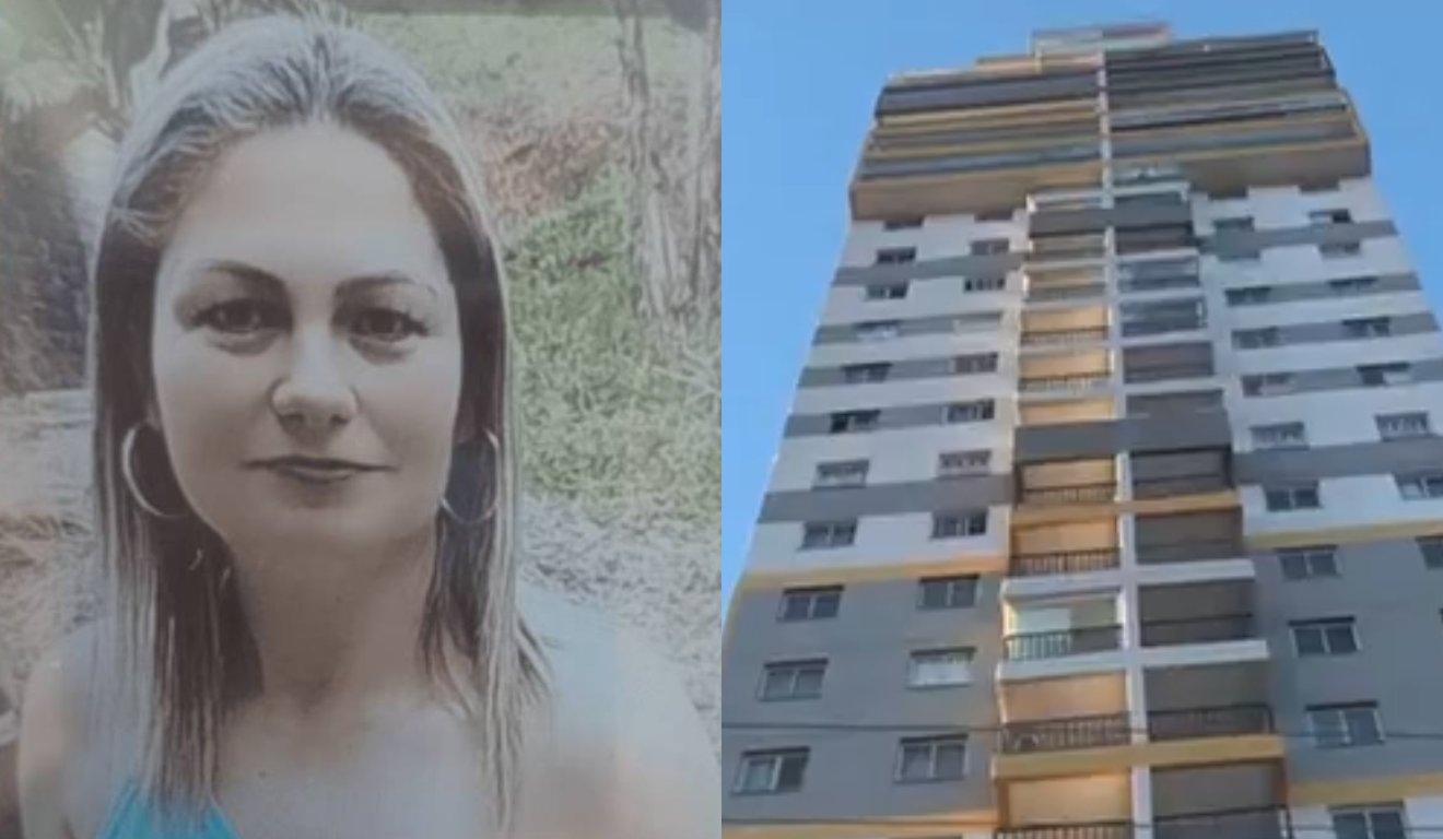 Colagem do prédio e mulher.