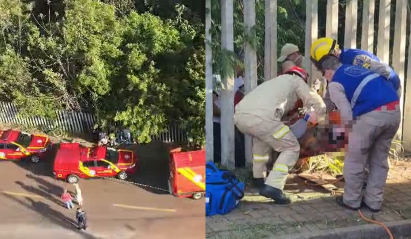 Um garoto foi resgatado após se afogar em um riacho em Cascavel. À esquerda, vemos o local onde os bombeiros estavam fazendo o resgate. À direita, vemos três socorristas com o garoto em uma maca.