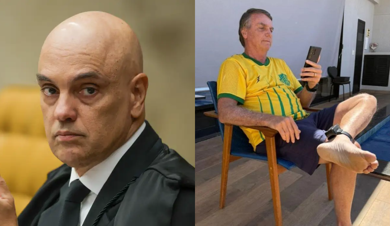 Por ordem de Moraes, a residência de Bolsonaro será vigiada. À esquerda, vemos Moraes. Ele é um homem branco careca e usa um blazer preto, uma camisa branca e uma gravata preta. À direita, vemos Bolsonaro sentado em uma cadeira com uma perna sobre a outra. Ele é um homem branco de cabelo castanho e usa uma camiseta amarela com listras verdes. Sua perna esquerda, que está cruzada sobre a perna direita, está com a tornozeleira eletrônica.