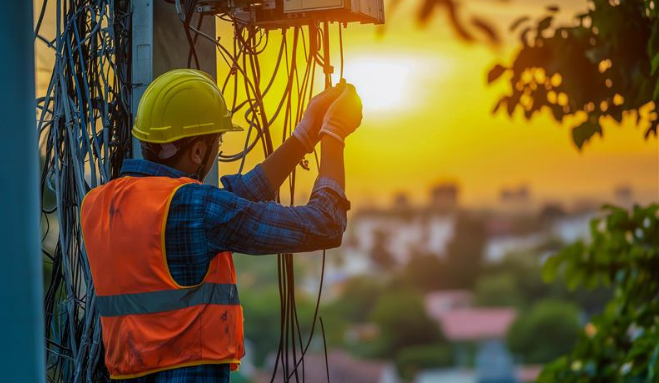 técnico fazendo manutenção de cabos com um por do sol ao fundo
