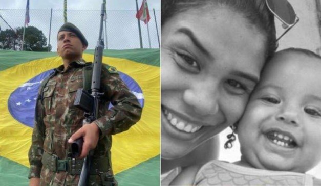Montagem com fotos do sargento do exército, da companheira e da filha